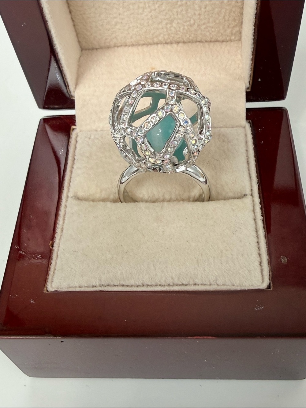 Swarovski Rhodium Silver Crystal Mesh Ball Ring AB crystals Jade Ball Inside
